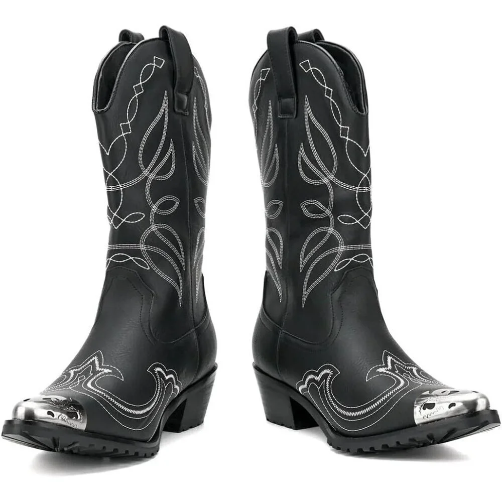 Men's Black Western Cowboy Retro Classic Embroidered Pull On Durable Boots